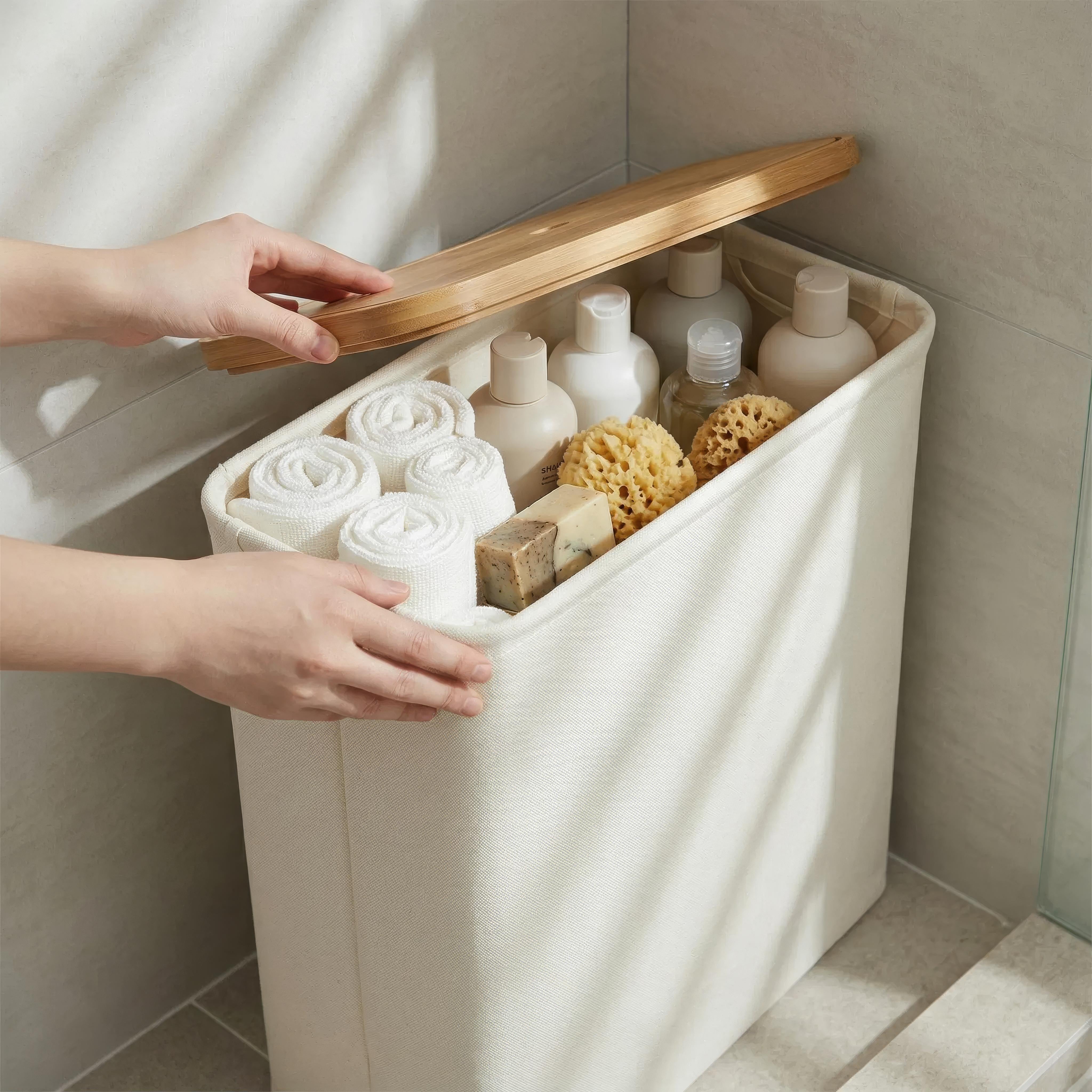 Norvik Bamboo Storage Basket – Lidded Fabric Organizer Bathroom Laundry Bin Slim Space Saving Design