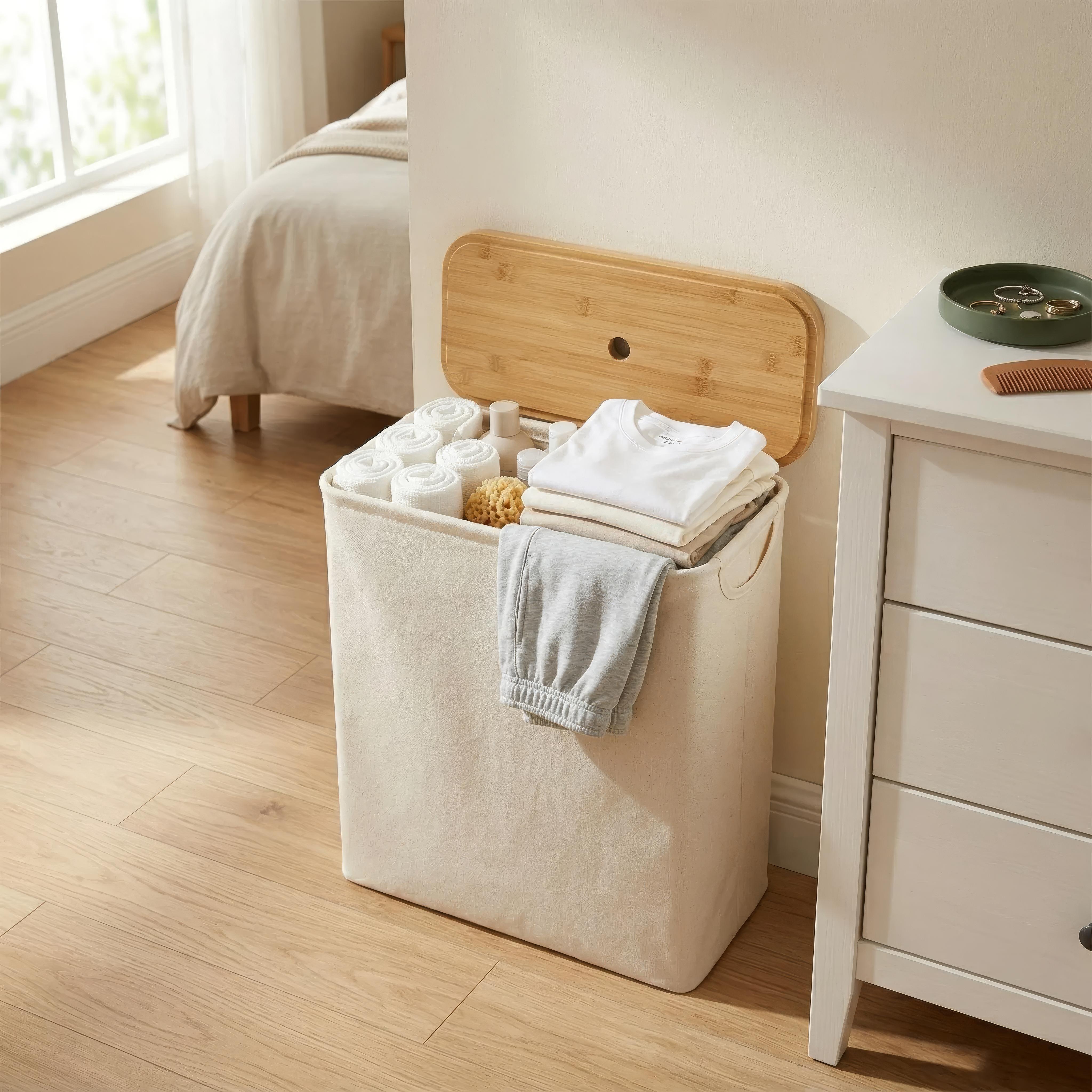 Norvik Bamboo Storage Basket – Lidded Fabric Organizer Bathroom Laundry Bin Slim Space Saving Design