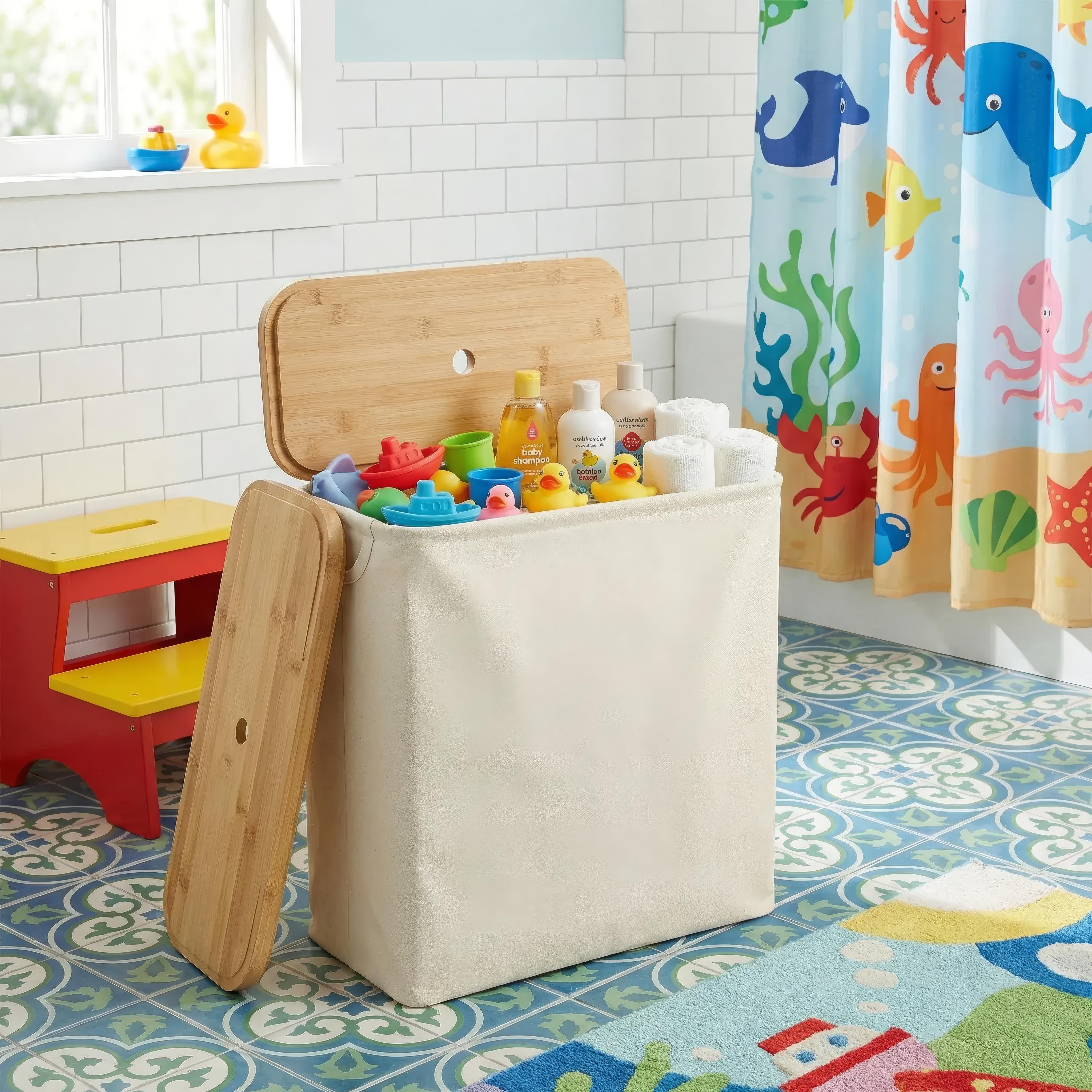 Norvik Bamboo Storage Basket – Lidded Fabric Organizer Bathroom Laundry Bin Slim Space Saving Design