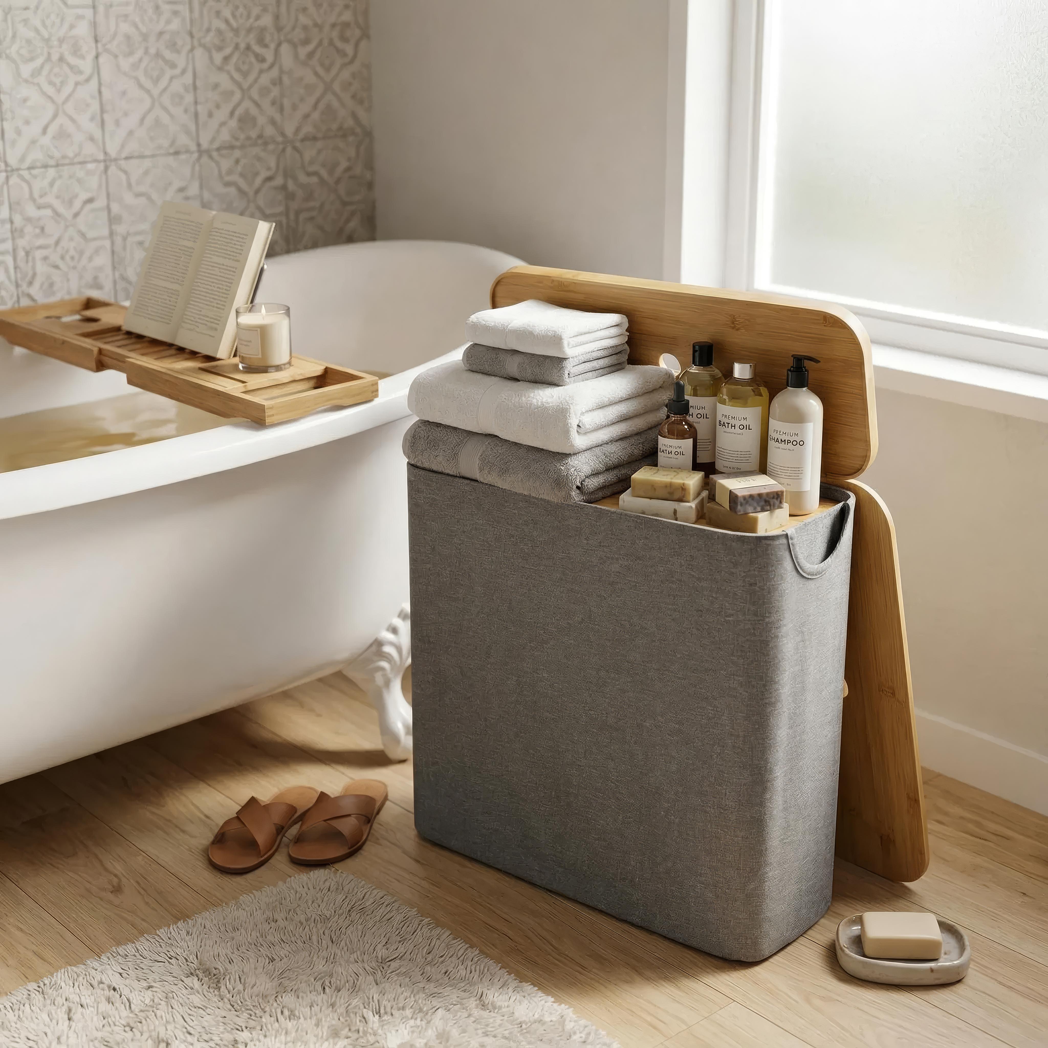 Norvik Bamboo Storage Basket – Lidded Fabric Organizer Bathroom Laundry Bin Slim Space Saving Design