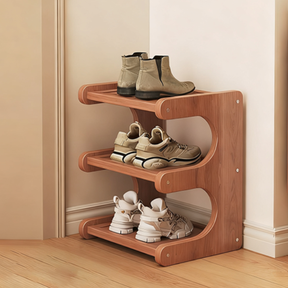 Benton Curve Shoe Rack – Bamboo 3-Tier Freestanding Entryway Organizer Storage Natural Wood Finish