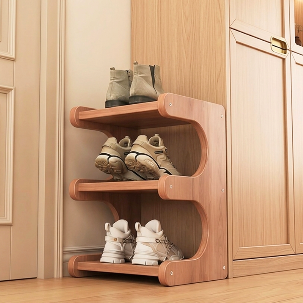 Benton Curve Shoe Rack – Bamboo 3-Tier Freestanding Entryway Organizer Storage Natural Wood Finish