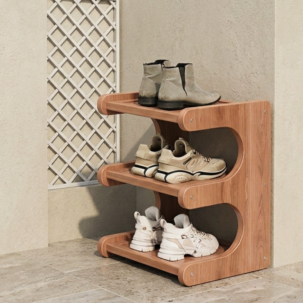 Benton Curve Shoe Rack – Bamboo 3-Tier Freestanding Entryway Organizer Storage Natural Wood Finish