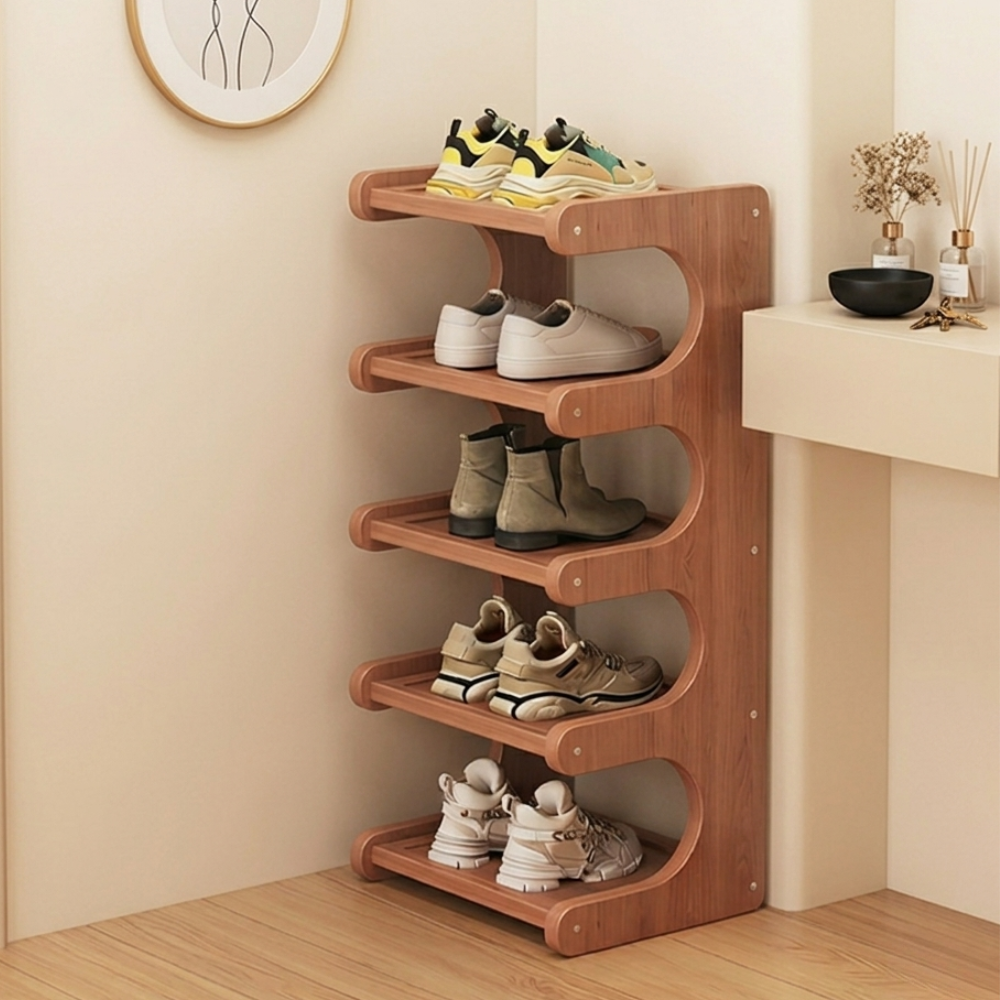 Benton Curve Shoe Rack – Bamboo 3-Tier Freestanding Entryway Organizer Storage Natural Wood Finish