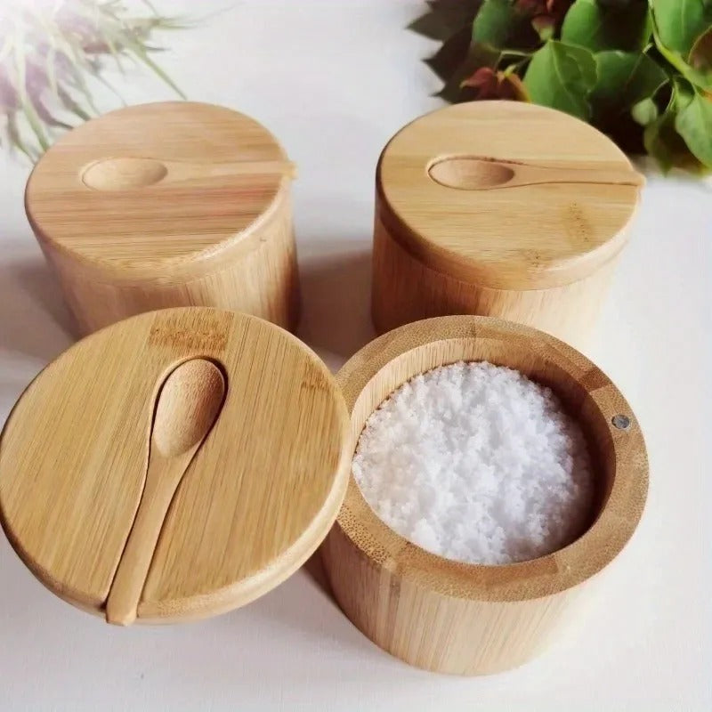 Ridlen Bamboo Storage Jar – Natural Bamboo Spice Container Magnetic Swivel Lid Kitchen Organizer