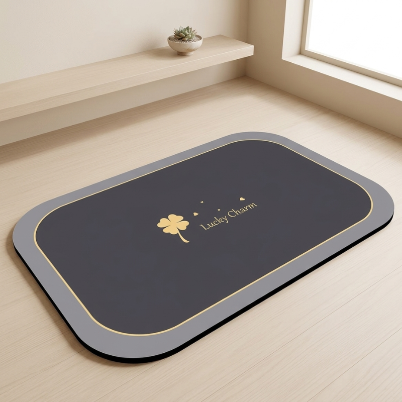 Treflyn Diatomaceous Earth Bath Mat – Quick Dry Non Slip Bathroom Floor Rug Geometric Gold Clover Design
