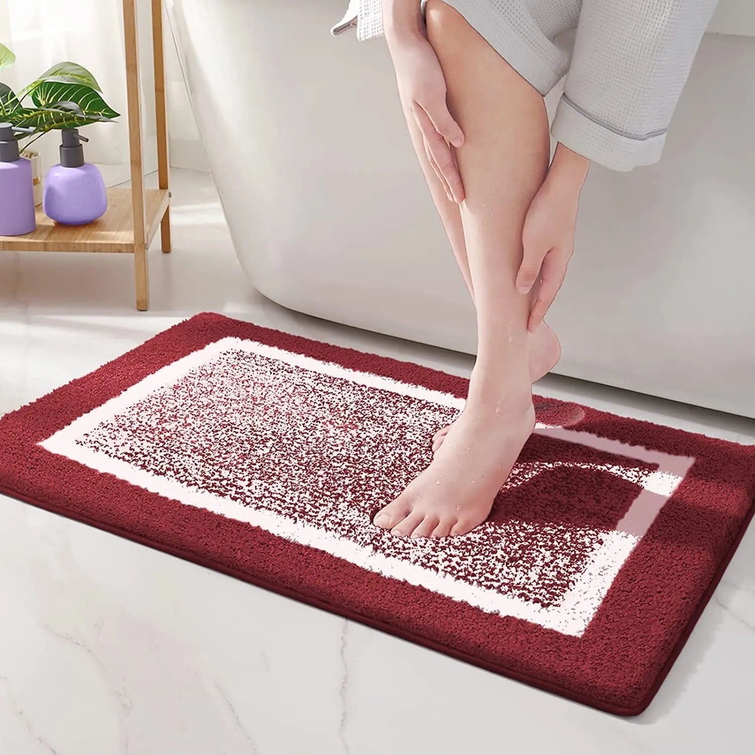 Bordera Bath Mat – Soft Microfiber Non-Slip Absorbent Bathroom Rug Blue White Border Design
