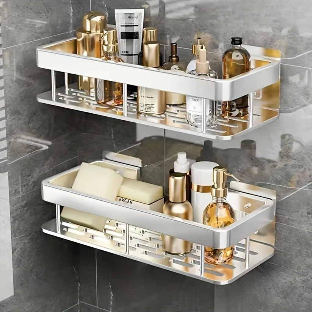 Ashvex Two Tier Bathroom Shelf – Adhesive Wall Mounted Shower Caddy Organizer Storage Rack