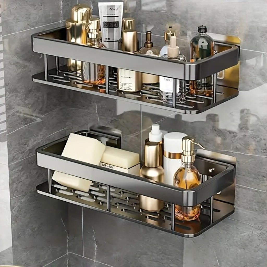 Ashvex Two Tier Bathroom Shelf – Adhesive Wall Mounted Shower Caddy Organizer Storage Rack