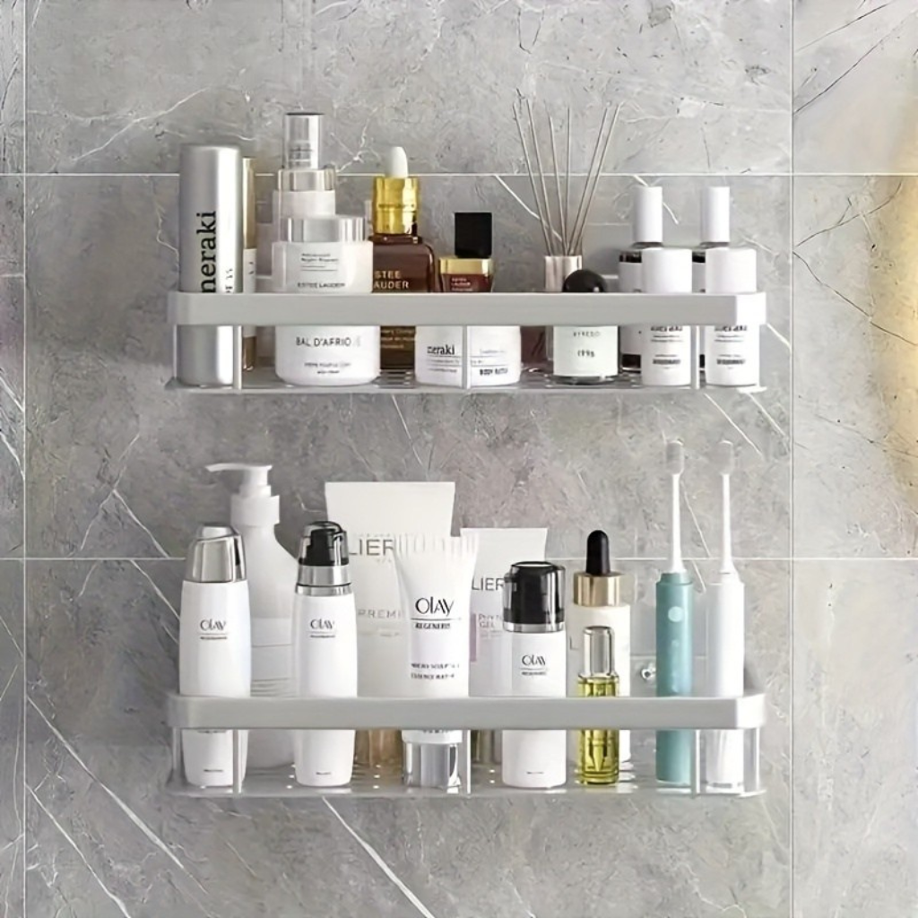 Ashvex Two Tier Bathroom Shelf – Adhesive Wall Mounted Shower Caddy Organizer Storage Rack
