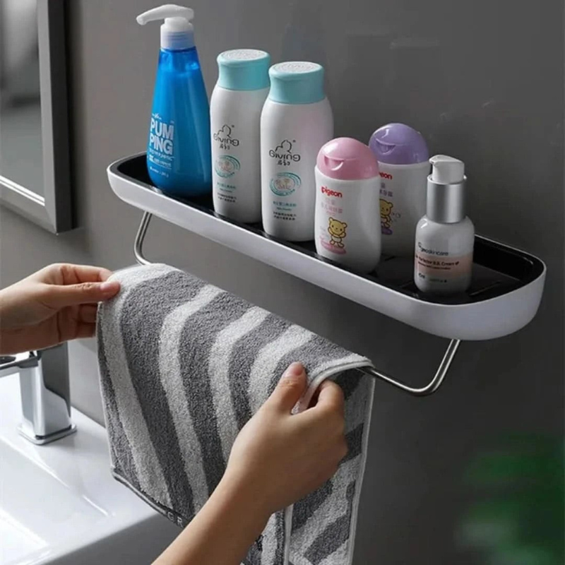 Nivera Bathroom Shelf – Wall Mounted Storage Rack Adhesive Organizer Towel Bar Holder