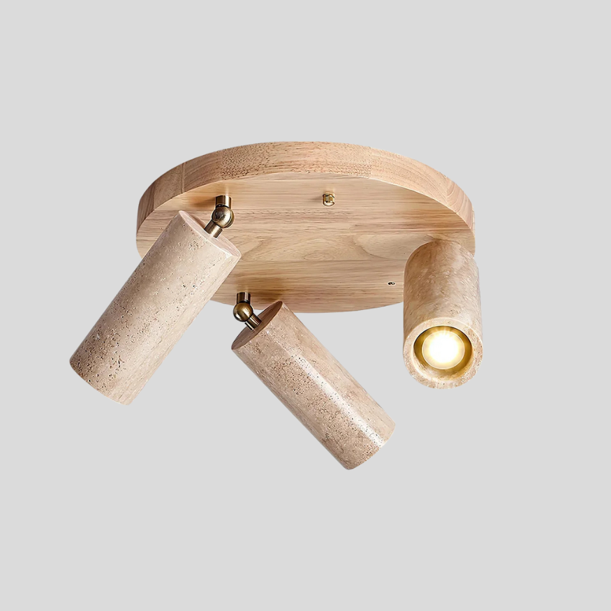 Terra Cylinder Ceiling Light – Three Flush Adjustable Cylindrical Spotlights Travertine Finish