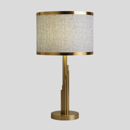 Brass Tiered Column Table Lamp – Modern Fabric Shade Bedside Light