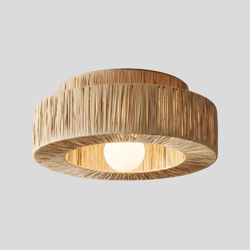 Slatko Flush Mount Ceiling Light – Natural Rattan Drum Shade Boho Living Room Bedroom Decorative Lighting