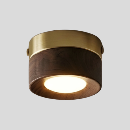 Briston Drum Flush Mount – Ceiling Light Walnut Wood Brass Modern Bedroom Living Room Hallway
