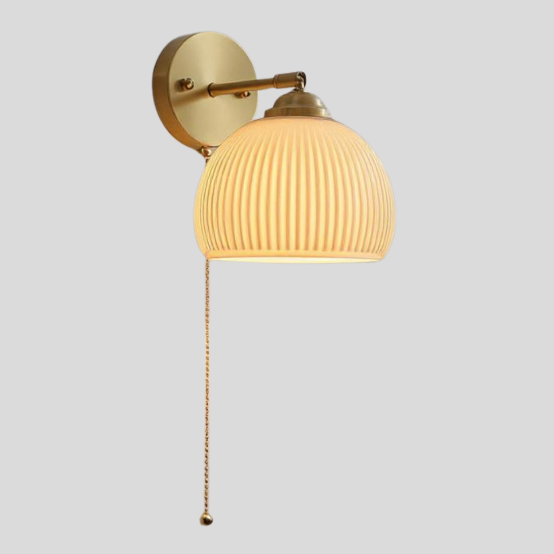 Brass Ribbed Glass Wall Lamp  – Textured Dome Pull-Chain Switch