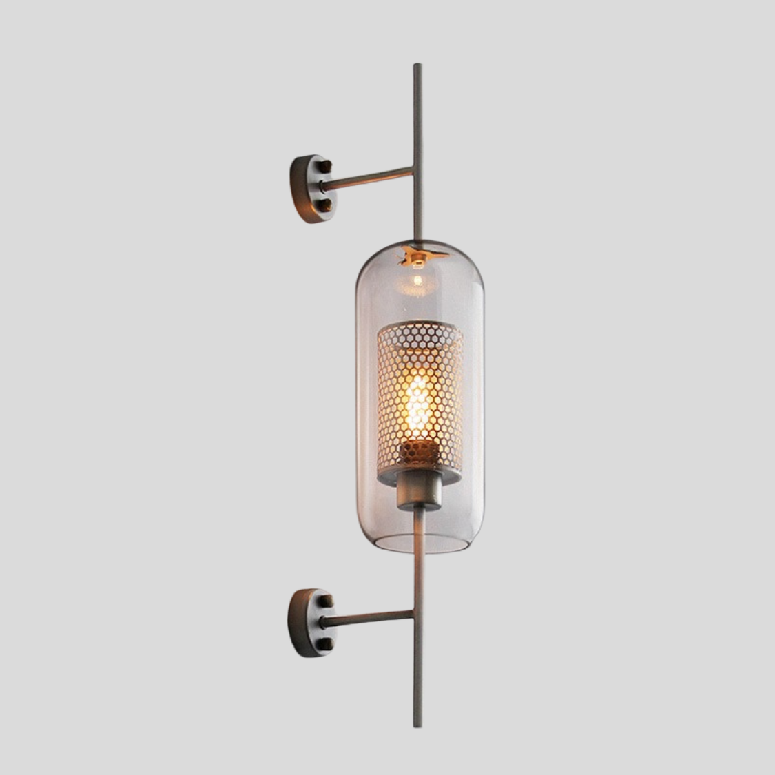 Vertical Glass Tube Wall Lamp Sconce – Perforated Brass Cylinder LED Fixture with Clear Dome Shade