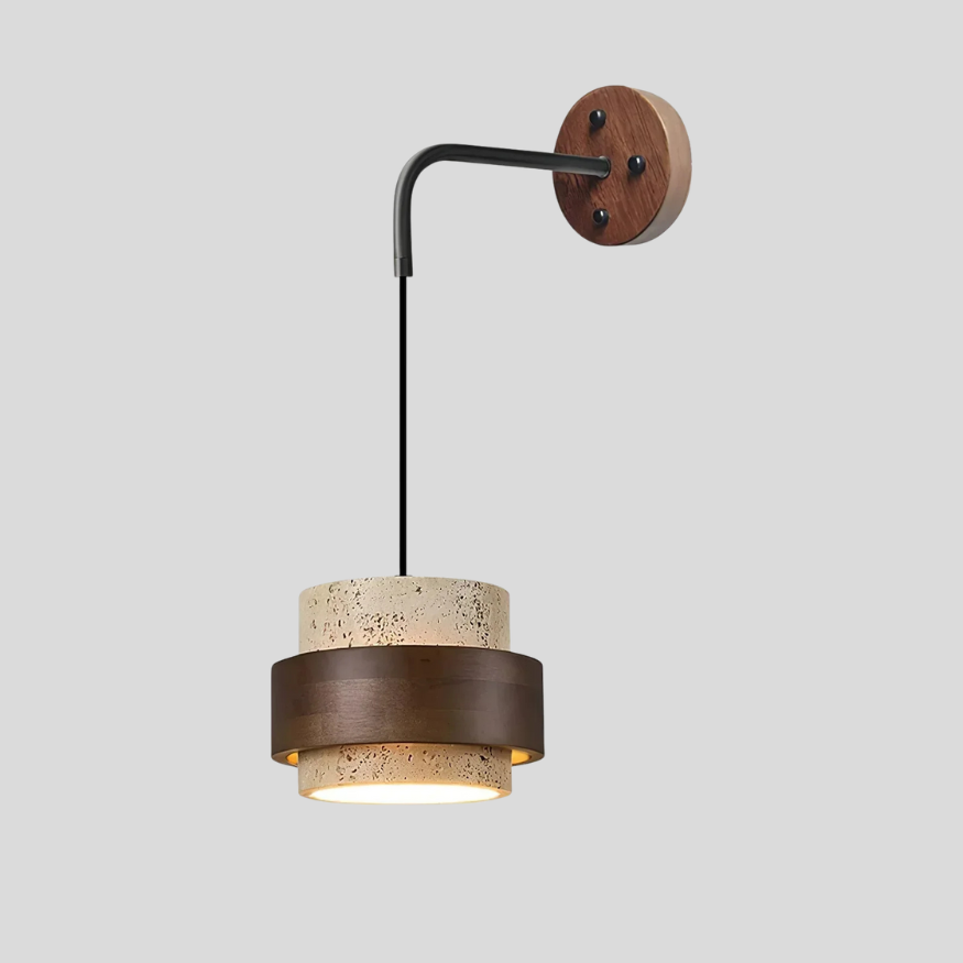Travertine Cylinder Wall Sconce – Natural Travertine Wall Light Walnut Ring Matte Black Arm Diffused Light