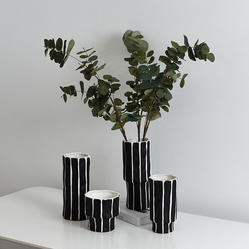 Straton Ceramic Vase Set – Black White Striped Decorative Porcelain Flower Vases Living Room Table