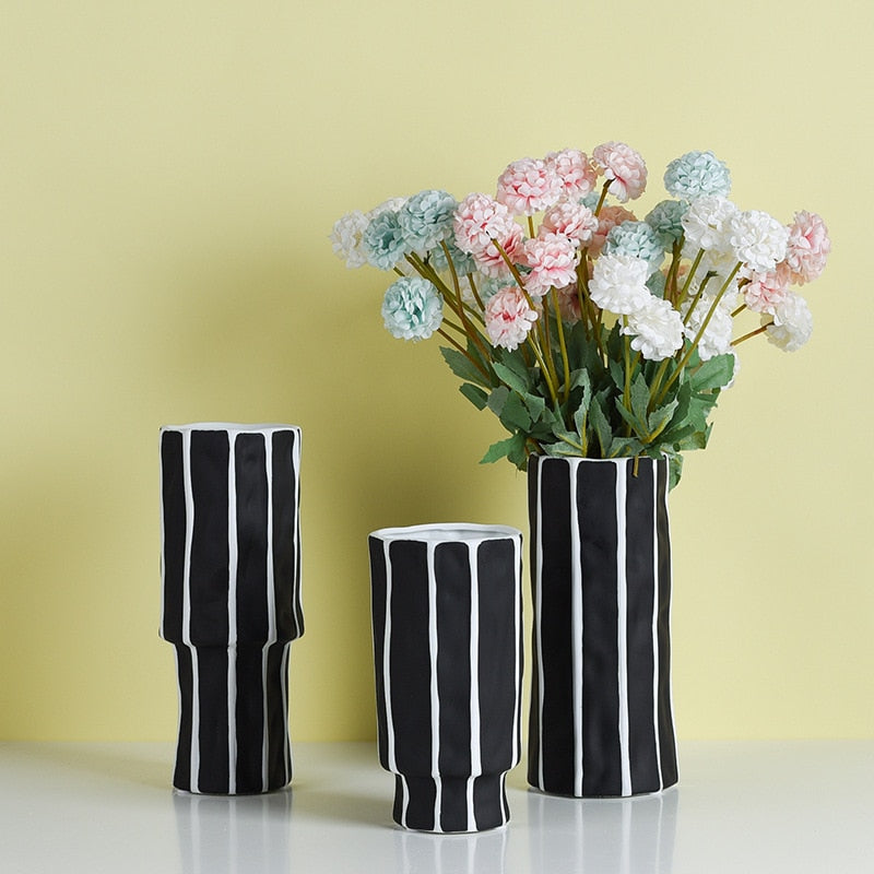 Straton Ceramic Vase Set – Black White Striped Decorative Porcelain Flower Vases Living Room Table