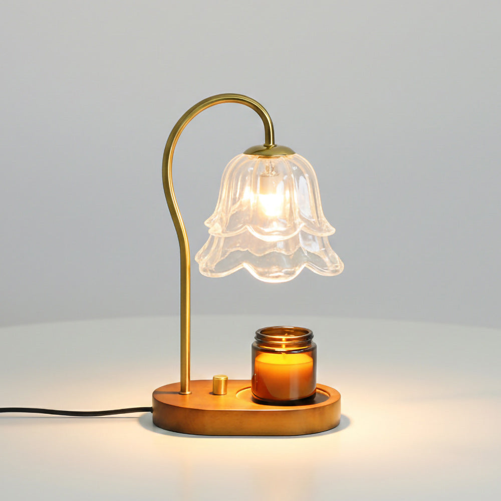 Floral Candle Table Lamp – Candle Warmer Table Lamp Floral Glass Shade Natural Wood Base