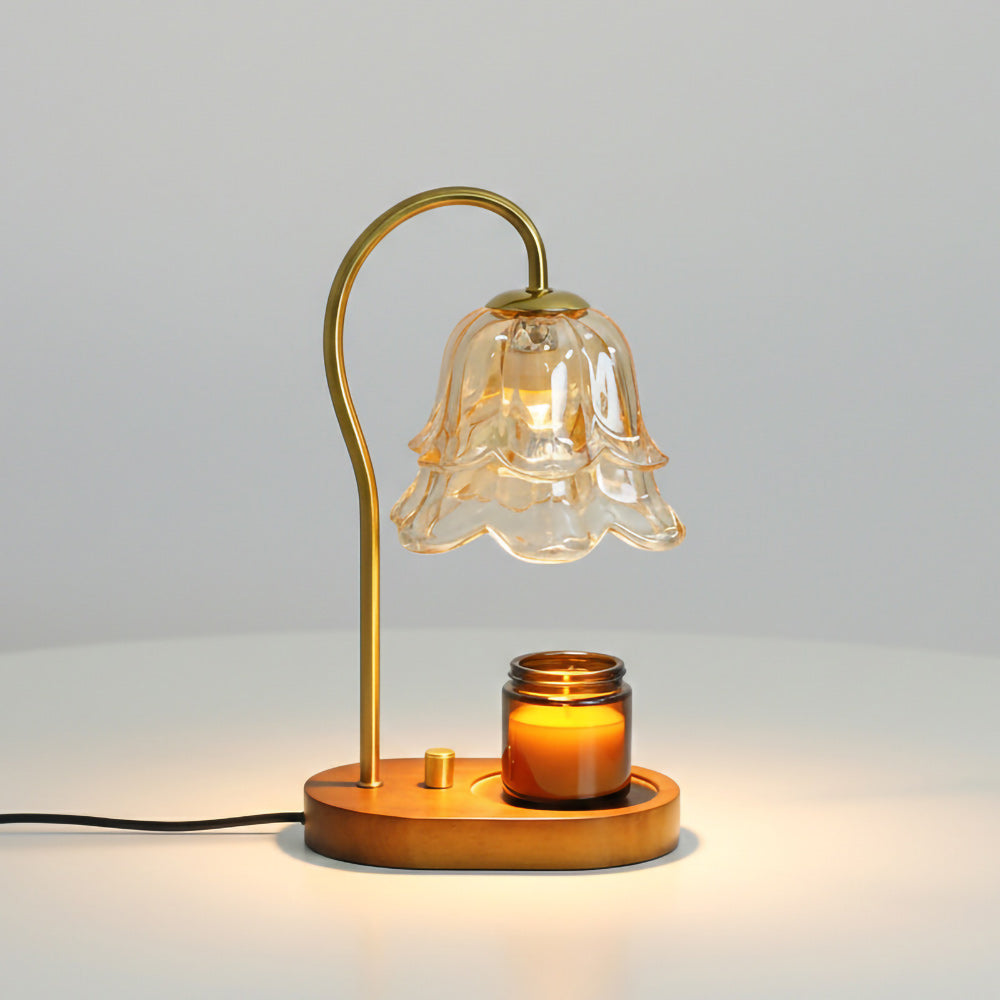 Floral Candle Table Lamp – Candle Warmer Table Lamp Floral Glass Shade Natural Wood Base