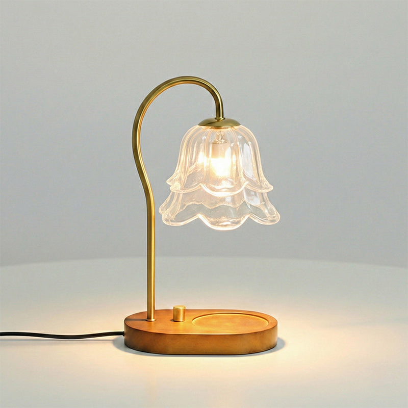 Floral Candle Table Lamp – Candle Warmer Table Lamp Floral Glass Shade Natural Wood Base