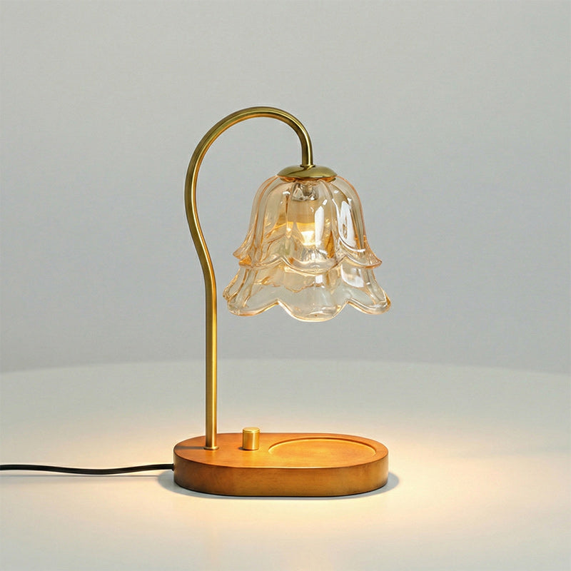 Floral Candle Table Lamp – Candle Warmer Table Lamp Floral Glass Shade Natural Wood Base