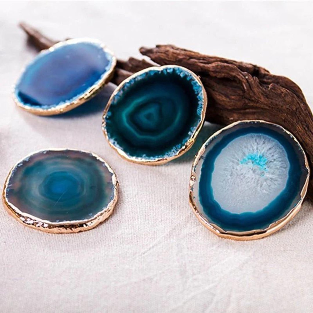 Azurina Agate Coaster Set – Natural Blue Stone Drink Coasters Gold Edge Luxury Table Decor