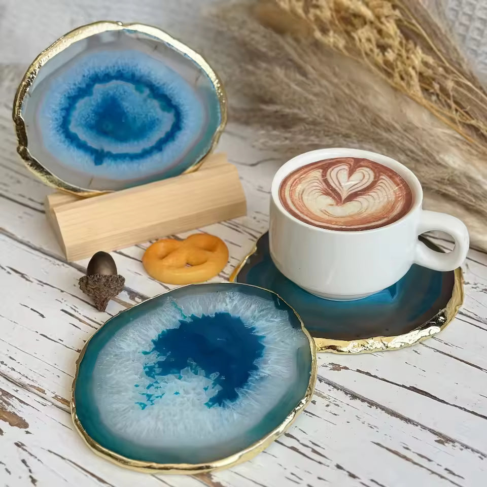 Azurina Agate Coaster Set – Natural Blue Stone Drink Coasters Gold Edge Luxury Table Decor