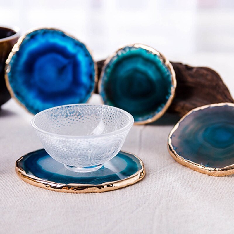 Azurina Agate Coaster Set – Natural Blue Stone Drink Coasters Gold Edge Luxury Table Decor