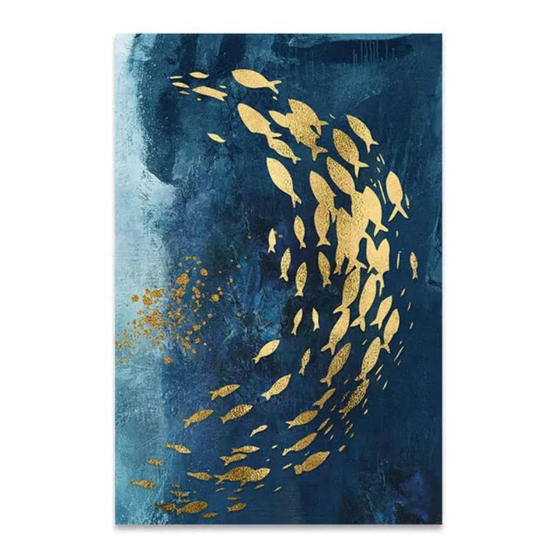 Marisol School Canvas Wall Art – Ocean Fish Abstract Blue Gold Coastal Decorative Wall Hanging Living Room