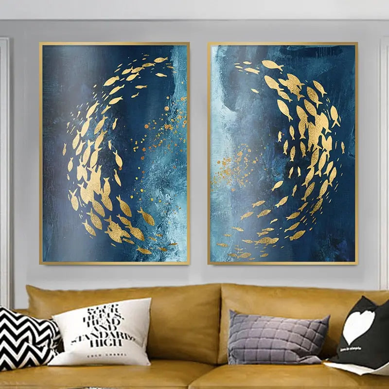 Marisol School Canvas Wall Art – Ocean Fish Abstract Blue Gold Coastal Decorative Wall Hanging Living Room