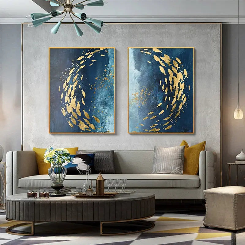 Marisol School Canvas Wall Art – Ocean Fish Abstract Blue Gold Coastal Decorative Wall Hanging Living Room