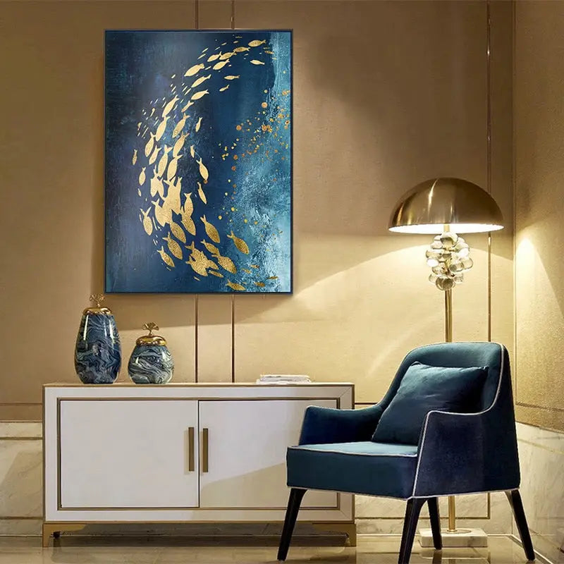 Marisol School Canvas Wall Art – Ocean Fish Abstract Blue Gold Coastal Decorative Wall Hanging Living Room