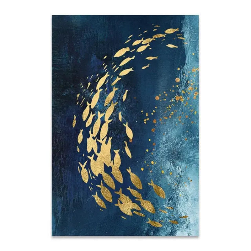 Marisol School Canvas Wall Art – Ocean Fish Abstract Blue Gold Coastal Decorative Wall Hanging Living Room