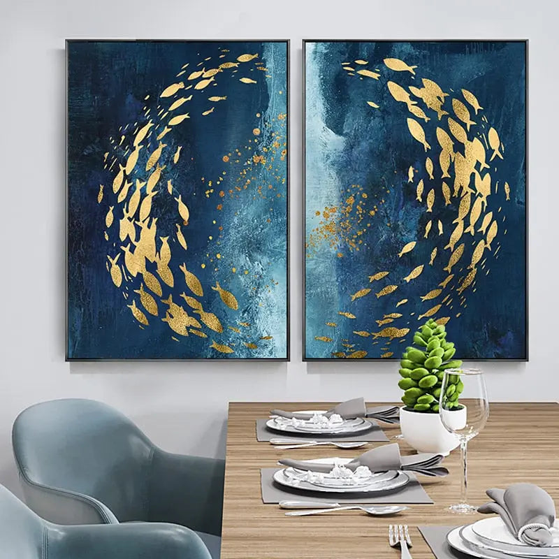 Marisol School Canvas Wall Art – Ocean Fish Abstract Blue Gold Coastal Decorative Wall Hanging Living Room