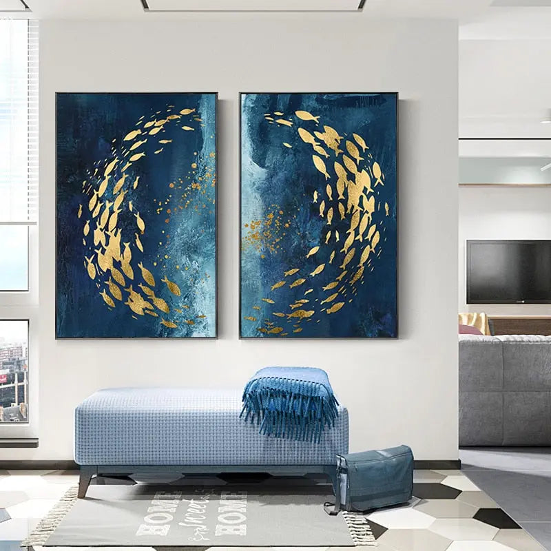 Marisol School Canvas Wall Art – Ocean Fish Abstract Blue Gold Coastal Decorative Wall Hanging Living Room