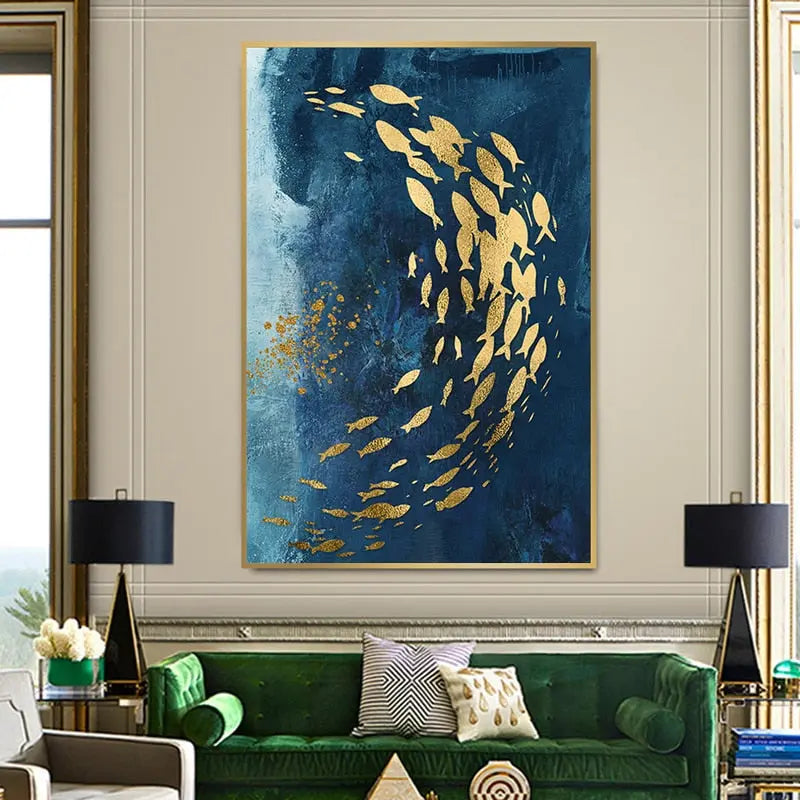 Marisol School Canvas Wall Art – Ocean Fish Abstract Blue Gold Coastal Decorative Wall Hanging Living Room