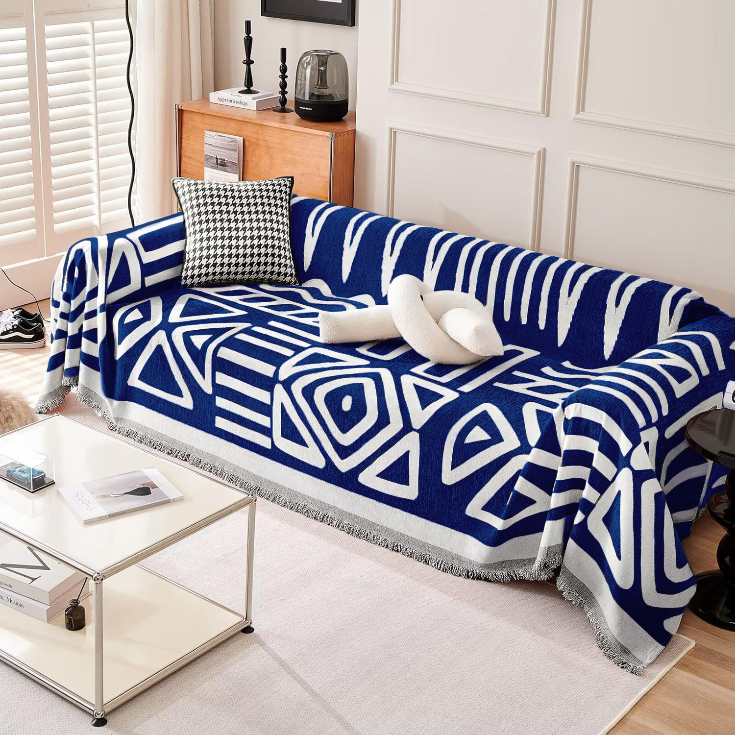 Kintara Sofa Throw – Geometric Tribal Pattern Couch Cover Grey White Cotton Woven Blanket Living Room