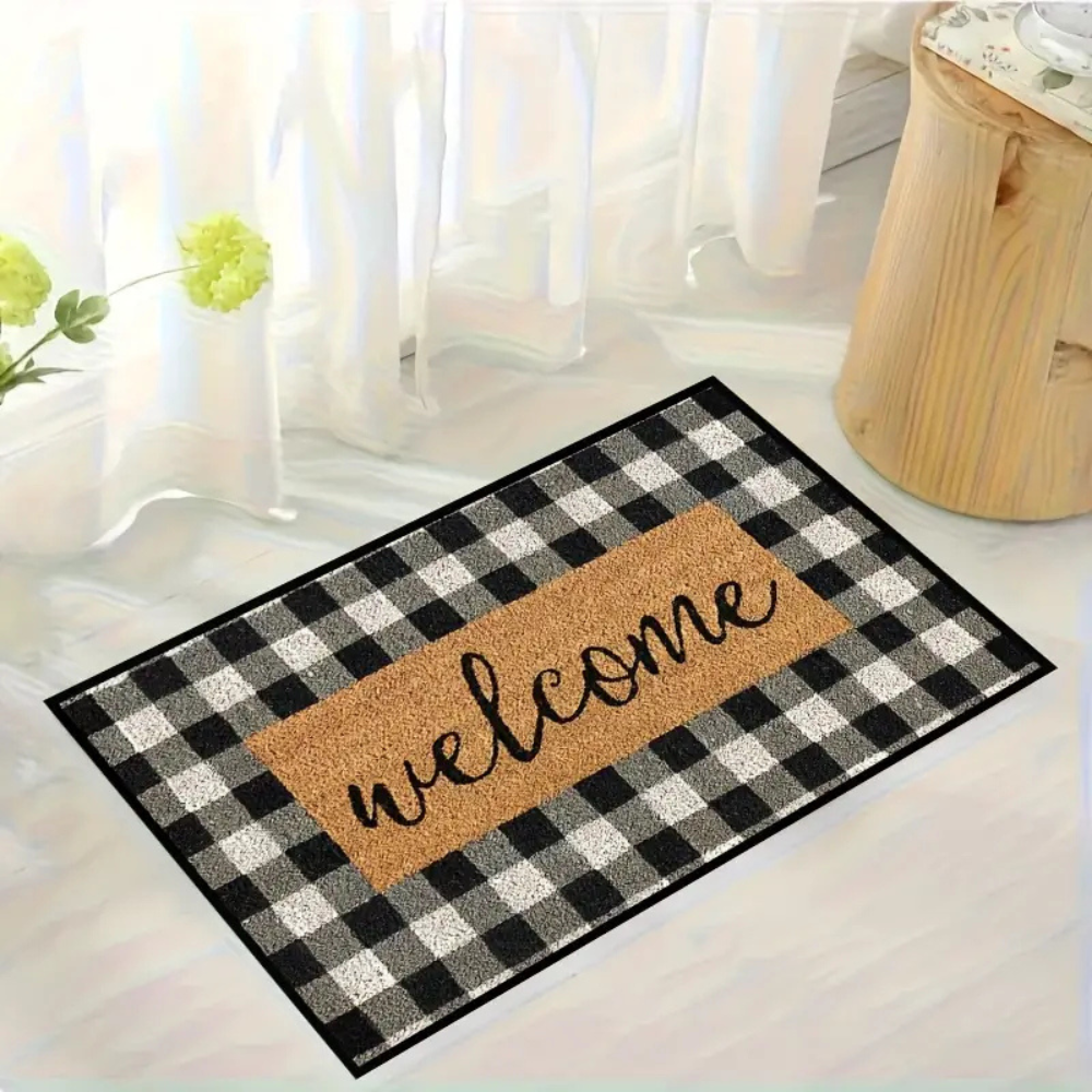 Gingham Welcome Door Mat – Buffalo Plaid Black White Checkered Entryway Rug Farmhouse Indoor Outdoor