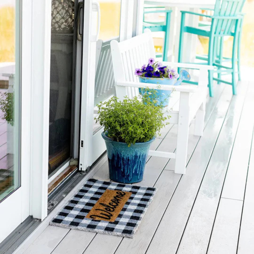 Gingham Welcome Door Mat – Buffalo Plaid Black White Checkered Entryway Rug Farmhouse Indoor Outdoor