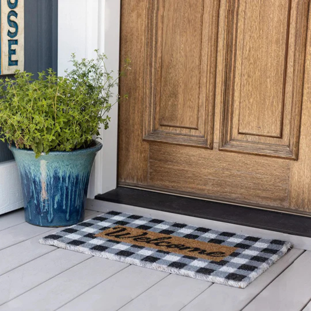 Gingham Welcome Door Mat – Buffalo Plaid Black White Checkered Entryway Rug Farmhouse Indoor Outdoor