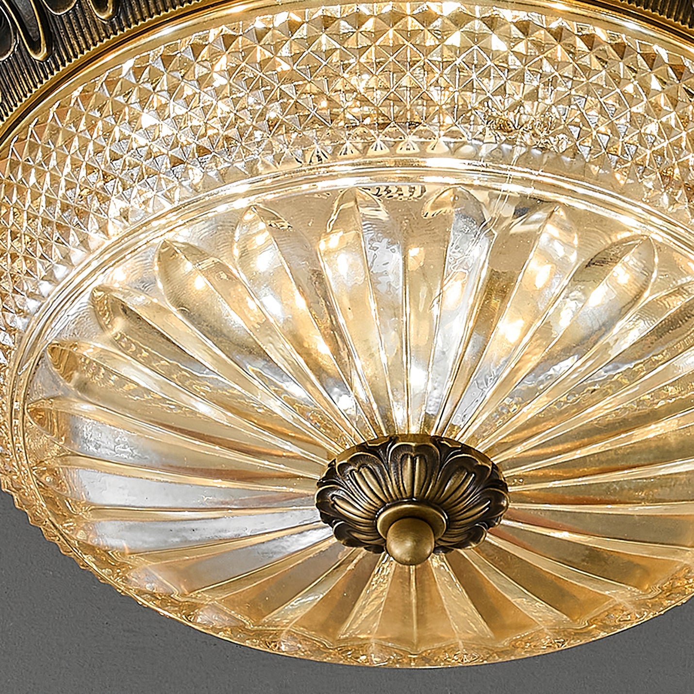 Carved Glass Flush Mount Ceiling Light – Vintage Brass Crystal Fixture
