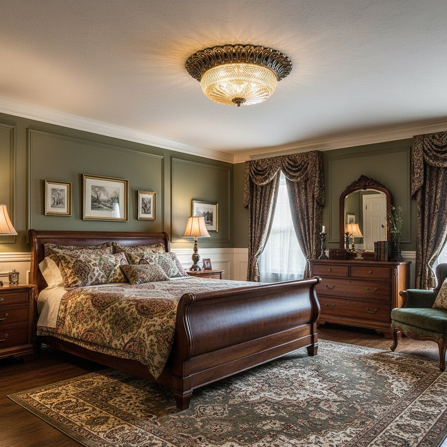 Carved Glass Flush Mount Ceiling Light – Vintage Brass Crystal Fixture