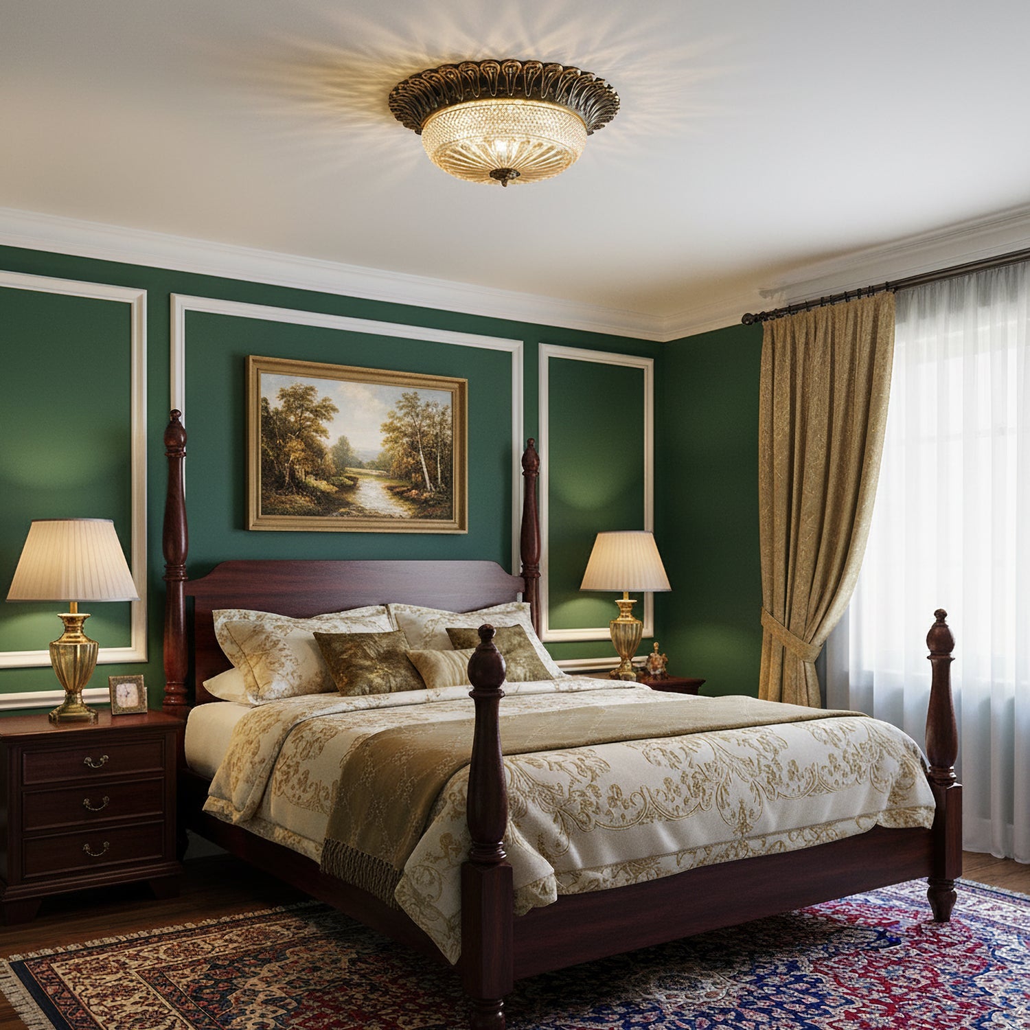 Carved Glass Flush Mount Ceiling Light – Vintage Brass Crystal Fixture