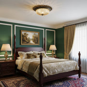 Carved Glass Flush Mount Ceiling Light – Vintage Brass Crystal Fixture