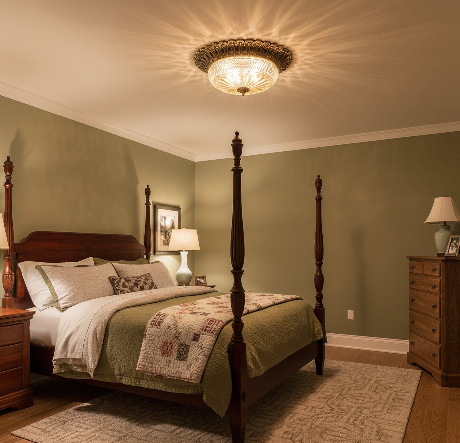 Carved Glass Flush Mount Ceiling Light – Vintage Brass Crystal Fixture