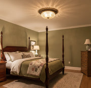 Carved Glass Flush Mount Ceiling Light – Vintage Brass Crystal Fixture