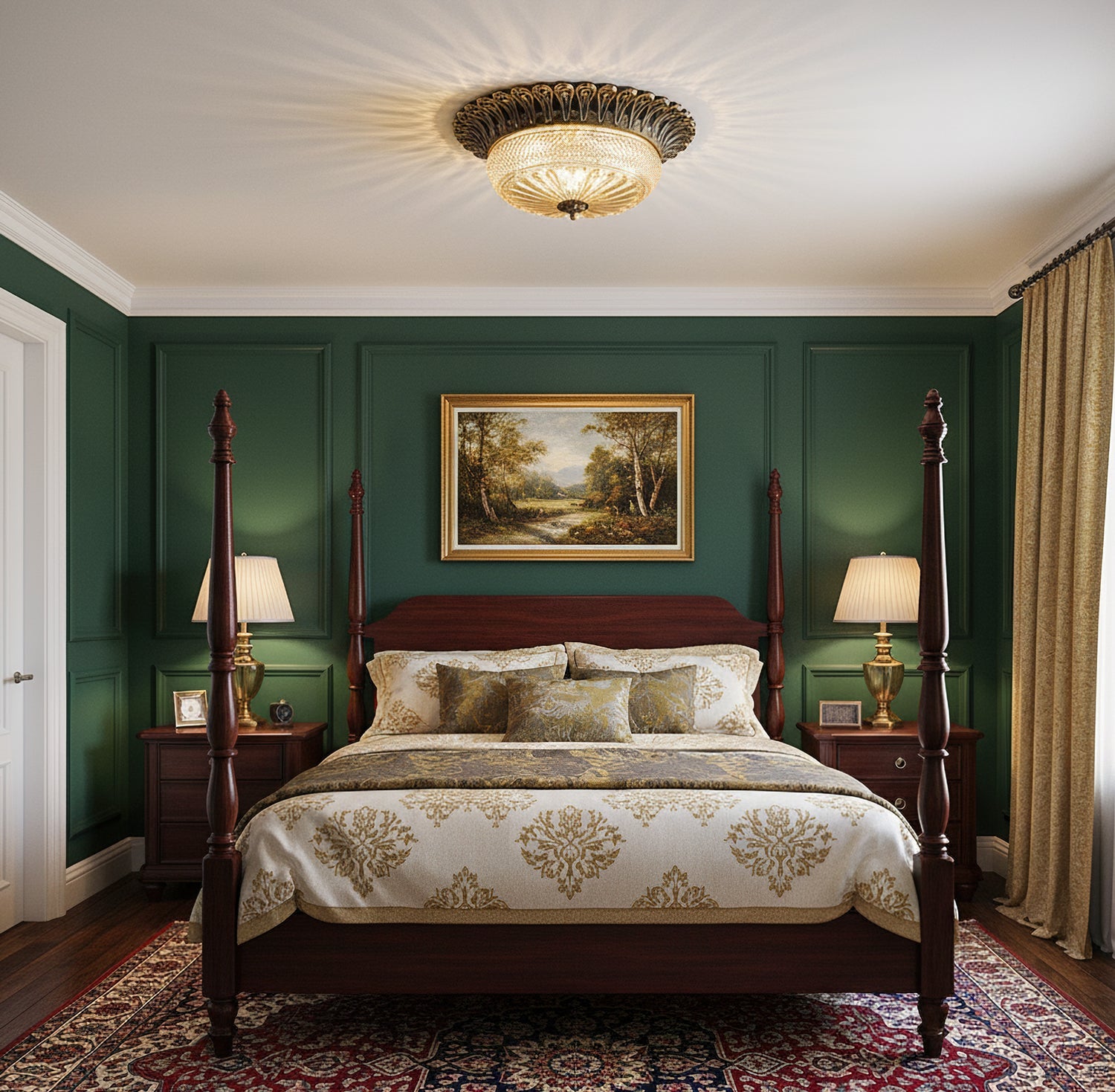 Carved Glass Flush Mount Ceiling Light – Vintage Brass Crystal Fixture